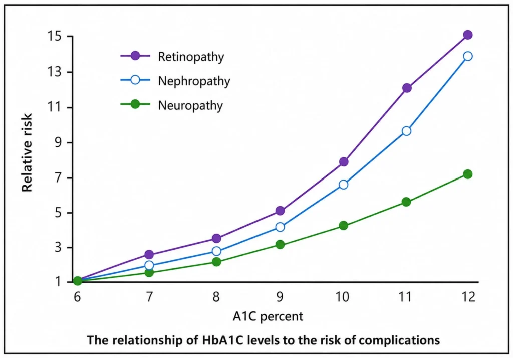 Correlation between HbA1C level and the likelihood of complications.